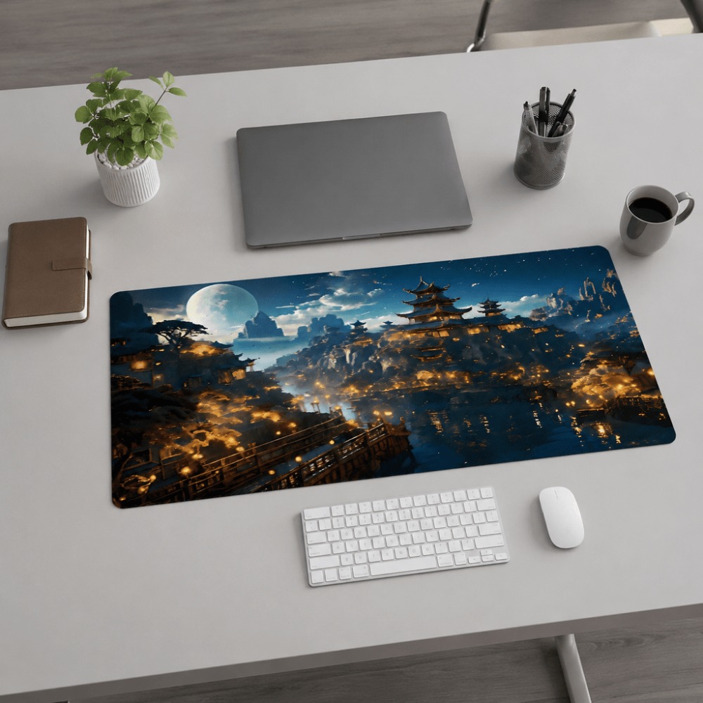 Desk Setup For Work - Original fantasy night city moon print
