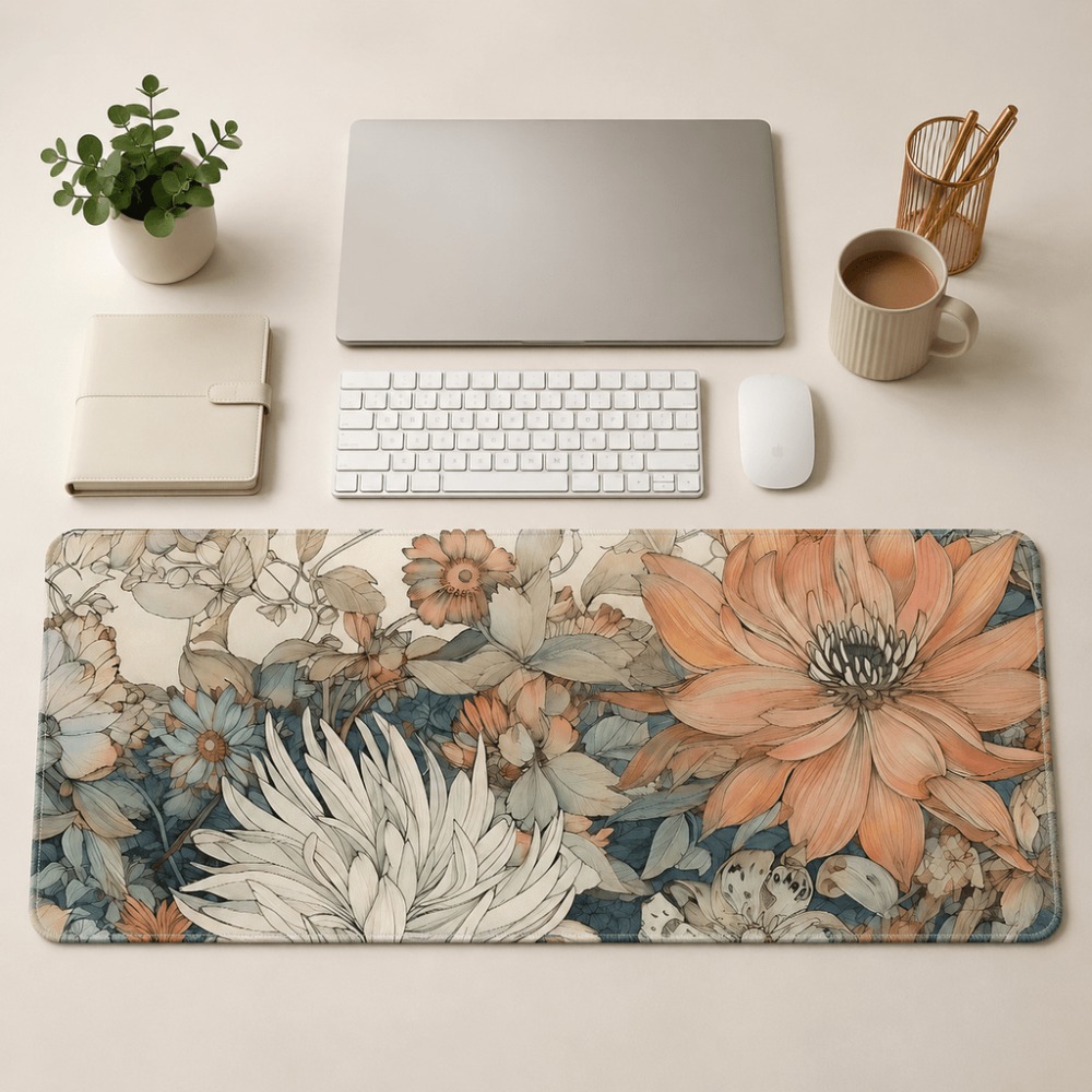 Desk Setup For Work - Retro floral table mat, featuring plant