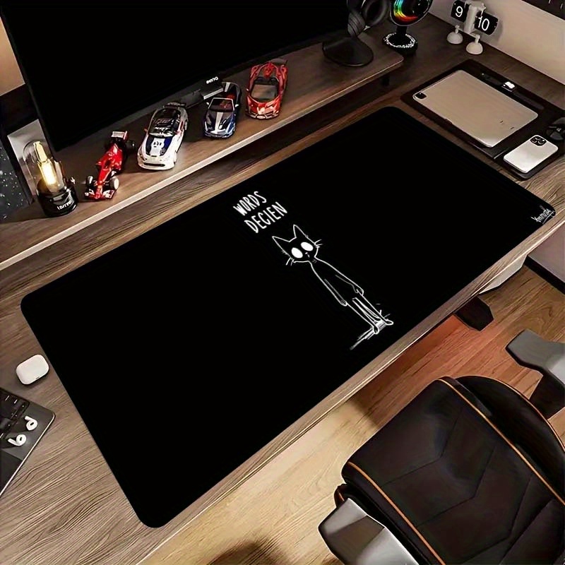 Desk Setup For Work - Funny Sketch Cat Words Decien Black